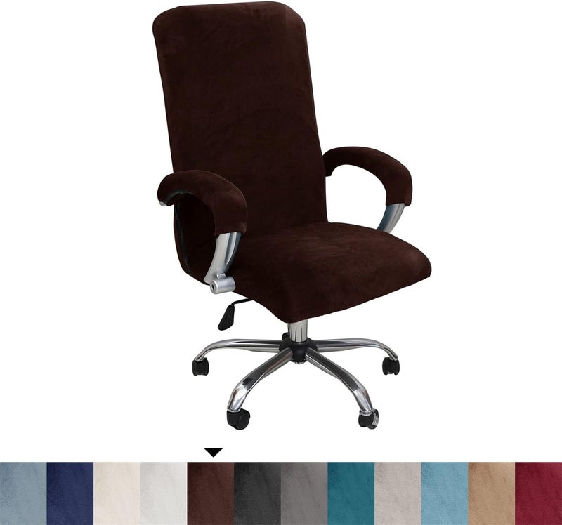 GOWT Velvet Plush Office Desk Chair Cover - Cat Proof Stretchable Elastic Comfy Protector for Ergonomic Office Chair with Wheels and Armrests, Fits Mesh and Executive Office Chairs,Removable,Coffee,XL - Image 2